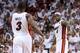 MIAMI, FL - JUNE 09: (R-L) LeBron James #6 looks over at teammate Dwyane Wade #3 of the Miami Heat in the second quarter while taking on the San Antonio Spurs during Game Two of the 2013 NBA Finals at AmericanAirlines Arena on June 9, 2013 in Miami, Florida. NOTE TO USER: User expressly acknowledges and agrees that, by downloading and or using this photograph, User is consenting to the terms and conditions of the Getty Images License Agreement. (Photo by Christian Petersen/Getty Images)
