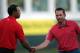 DUBAI, UNITED ARAB EMIRATES - FEBRUARY 13: Tiger Woods of the USA and Sergio Garcia of Spain after the final round of the Omega Dubai Desert Classic on the Majlis course at the Emirates Golf Club on February 13, 2011 in Dubai, United Arab Emirates. (Photo by Ross Kinnaird/Getty Images)