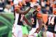 CINCINNATI, OH - NOVEMBER 11: A.J. Green #18 and Mohamed Sanu #12 of the Cincinnati Bengals celebrates Sanu caught a touchdown pass during the NFL game against the New York Giants at Paul Brown Stadium on November 11, 2012 in Cincinnati, Ohio. (Photo by Andy Lyons/Getty Images)