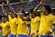 May 30, 2012; Landover, MD, USA; Brazil forward Neymar (11) celebrates with teammates after scoring a goal on a penalty kick against the USA in the first half at FedEx Field. Mandatory Credit: Geoff Burke-USA TODAY Sports