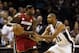 Jun 11, 2013; San Antonio, TX, USA; Miami Heat small forward LeBron James (6) looks to pass against San Antonio Spurs power forward Tim Duncan (21) during the first quarter of game three of the 2013 NBA Finals at the AT&T Center. Mandatory Credit: Soobum Im-USA TODAY Sports