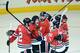 CHICAGO, IL - JUNE 12: (L-R) Michal Rozsival #32, Andrew Shaw #65, Nick Leddy #8, Dave Bolland #36 and Bryan Bickell #29 of the Chicago Blackhawks celebrate after Shaw scored the game-winning goal in the third overtime against the Boston Bruins in Game One of the 2013 NHL Stanley Cup Final at United Center on June 12, 2013 in Chicago, Illinois. (Photo by Harry How/Getty Images)