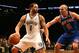 Dec 11, 2012; New York, NY, USA; New York Knicks point guard Jason Kidd (5) defends Brooklyn Nets point guard Deron Williams (8) during the third quarter at Barclays Center. Knicks won 100-97. Mandatory Credit: Anthony Gruppuso-USA TODAY Sports