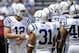 August 12, 2012; Indianapolis, IN USA; Indianapolis Colts quarterback Andrew Luck (12) talks with teammates in the huddle during the first quarter of play against the St. Louis Rams in Lucas Oil Stadium. Indianapolis defeated St. Louis 38-3. Mandatory Credit: Jamie Rhodes-USA TODAY Sports