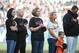 September 3, 2011; San Francisco, CA, USA; Bryan Stow's (not pictured) family members sister Bonnie Stow (far left), father Dave Stow (second from left), mother Ann Stow (third from left), sister Erin Stow (third from right), and San Francisco Giants relief pitcher Jeremy Affeldt (far right) participate in a moment of silence before the game against the Arizona Diamondbacks at AT&T Park. Bryan Stow was beaten into a coma in a Dodger Stadium parking lot on opening day March 31. Mandatory Credit: Kyle Terada-USA TODAY Sports