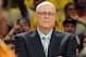 Apr 2, 2013; Los Angeles, CA, USA; Phil Jackson looks on as the jersey of Los Angeles Lakers former player Shaquille O'Neal (not pictured) is retired during a half time ceremony during the game against the Dallas Mavericks at the Staples Center. Mandatory Credit: Jayne Kamin-Oncea-USA TODAY Sports