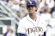 June 8, 2012; Baton Rouge, LA, USA; LSU Tigers pitcher Aaron Nola (10) reacts after hitting the Stony Brook Seawolves batter with a pitch in the first inning of game one of the Baton Rouge super regional at Alex Box Stadium. Mandatory Credit: Crystal Logiudice-USA TODAY Sports