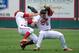 Jun 9, 2013; Tallahassee, FL, USA; Indiana Hoosiers first baseman Sam Travis (6) collides with right fielder Will Nolden (11) as they both go for the pop fly ball in the game against the Florida State Seminoles during the Tallahassee super regional of the 2013 NCAA baseball tournament at Dick Howser Stadium. Mandatory Credit: Melina Vastola-USA TODAY Sports