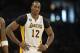 Apr 28, 2013; Los Angeles, CA, USA; Los Angeles Lakers center Dwight Howard (12) during the game against the San Antonio Spurs in game four of the first round of the 2013 NBA playoffs at the Staples Center. Mandatory Credit: Richard Mackson-USA TODAY Sports