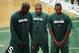 Sep 29, 2012; Waltham, MA, USA; Boston Celtics head coach Doc Rivers (middle) talks with forward/center Kevin Garnett (left) and small forward Paul Pierce (right) during practice at the Celtics training facility. Mandatory Credit: Greg M. Cooper-USA TODAY Sports