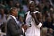 BOSTON - JUNE 08: Head coach Doc Rivers and Kevin Garnett #5 of the Boston Celtics talk during a stop in play against the Los Angeles Lakers in Game Three of the 2010 NBA Finals on June 8, 2010 at TD Garden in Boston, Massachusetts. NOTE TO USER: User expressly acknowledges and agrees that, by downloading and/or using this Photograph, user is consenting to the terms and conditions of the Getty Images License Agreement. (Photo by Elsa/Getty Images)