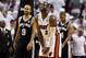 Jun 9, 2013; Miami, FL, USA; Miami Heat shooting guard Dwyane Wade (3) and San Antonio Spurs point guard Tony Parker (9) react during the second quarter of game two of the 2013 NBA Finals at the American Airlines Arena. Mandatory Credit: Derick E. Hingle-USA TODAY Sports