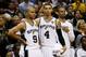 SAN ANTONIO, TX - JUNE 16: Tony Parker #9 and Danny Green #4 of the San Antonio Spurs celebrate late in the fourth quarter while taking on the Miami Heat during Game Five of the 2013 NBA Finals at the AT&T Center on June 16, 2013 in San Antonio, Texas. NOTE TO USER: User expressly acknowledges and agrees that, by downloading and or using this photograph, User is consenting to the terms and conditions of the Getty Images License Agreement. (Photo by Kevin C. Cox/Getty Images)