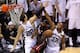 SAN ANTONIO, TX - JUNE 16: LeBron James #6 of the Miami Heat goes up for a shot against Tiago Splitter #22 and Boris Diaw #33 of the San Antonio Spurs in the second half during Game Five of the 2013 NBA Finals at the AT&T Center on June 16, 2013 in San Antonio, Texas. NOTE TO USER: User expressly acknowledges and agrees that, by downloading and or using this photograph, User is consenting to the terms and conditions of the Getty Images License Agreement. (Photo by Mike Ehrmann/Getty Images)