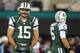 EAST RUTHERFORD, NJ - NOVEMBER 22: Quarterbacks Tim Tebow #15 and Mark Sanchez #6 of the New York Jets before the start of their game against the New England Patriots at MetLife Stadium on November 22, 2012 in East Rutherford, New Jersey. (Photo by Rich Schultz /Getty Images)