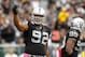 October 21, 2012; Oakland, CA, USA; Oakland Raiders defensive tackle Richard Seymour (92) acknowledges the crowd after making a defensive stop on third down against the Jacksonville Jaguars in the first quarter at O.co Coliseum. Mandatory Credit: Cary Edmondson-USA TODAY Sports