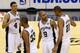 SAN ANTONIO, TX - JUNE 16: (L-R) Danny Green #4, Boris Diaw #33, Tony Parker #9 and Tim Duncan #21 of the San Antonio Spurs celebrate in the fourth quarter against the Miami Heat during Game Five of the 2013 NBA Finals at the AT&T Center on June 16, 2013 in San Antonio, Texas. NOTE TO USER: User expressly acknowledges and agrees that, by downloading and or using this photograph, User is consenting to the terms and conditions of the Getty Images License Agreement. (Photo by Mike Ehrmann/Getty Images)