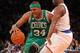 May 1, 2013; New York, NY, USA; Boston Celtics forward Paul Pierce (34) drives on New York Knicks guard Raymond Felton (2) during the first quarter of game five of the first round of the 2013 NBA Playoffs at Madison Square Garden. Mandatory Credit: Brad Penner-USA TODAY Sports