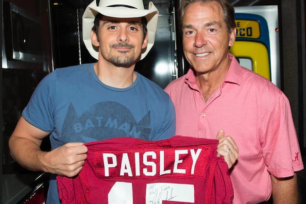 Photo: Nick Saban Gives Brad Paisley a Signed Crimson Tide Jersey