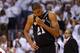 MIAMI, FL - JUNE 18: Tim Duncan #21 of the San Antonio Spurs reacts in overtime against the Miami Heat during Game Six of the 2013 NBA Finals at AmericanAirlines Arena on June 18, 2013 in Miami, Florida. NOTE TO USER: User expressly acknowledges and agrees that, by downloading and or using this photograph, User is consenting to the terms and conditions of the Getty Images License Agreement. (Photo by Mike Ehrmann/Getty Images)