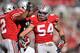 COLUMBUS, OH - NOVEMBER 5: John Simon #54 of the Ohio State Buckeyes celebrates a third down stop against the Indiana Hoosiers in the first half at Ohio Stadium on November 5, 2011 in Columbus, Ohio. (Photo by Jamie Sabau/Getty Images)
