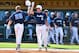 June 1, 2013; Chapel Hill, NC, USA; North Carolina Tarheels first baseman Cody Stubbs (25) is congratulated by shortstop Michael Russell (5) after hitting a home run against the Towson Tigers during the Chapel Hill Regional of the NCAA Baseball Tournament at Boshamer Stadium. Mandatory Credit: Rob Kinnan-USA TODAY Sports