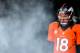 DENVER, CO - JANUARY 12: Peyton Manning #18 of the Denver Broncos looks through smoke as he waits in the tunnel during player introductions against the Baltimore Ravens during the AFC Divisional Playoff Game at Sports Authority Field at Mile High on January 12, 2013 in Denver, Colorado. (Photo by Dustin Bradford/Getty Images)