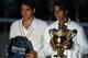 LONDON - JULY 06: Rafael Nadal of Spain and Roger Federer of Switzerland pose for pictures with after Nadal won in five sets in the final on day thirteen of the Wimbledon Lawn Tennis Championships at the All England Lawn Tennis and Croquet Club on July 6, 2008 in London, England. (Photo by Julian Finney/Getty Images)