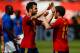 Jun 8, 2013; Miami Gardens, FL, USA; Spain midfielder Juan Mata (13) celebrates a goal with teammate midfielder Cesc Fabregas (left) against Haiti during the first half of a friendly at Sun Life Stadium. Mandatory Credit: Robert Mayer-USA TODAY Sports