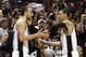 Jun 11, 2013; San Antonio, TX, USA; San Antonio Spurs shooting guard Manu Ginobili (left) high fives shooting guard Danny Green (4) during the fourth quarter of game three of the 2013 NBA Finals against the Miami Heat at the AT&T Center. Mandatory Credit: Soobum Im-USA TODAY Sports