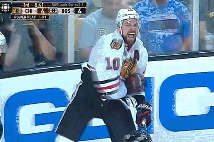 GIF: Patrick Sharp Falls Down While Trying to Fist Pump