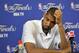 Jun 20, 2013; Miami, FL, USA; San Antonio Spurs power forward Tim Duncan addresses the media after game seven in the 2013 NBA Finals against the Miami Heat at American Airlines Arena. Miami Heat won 95-88 to win the NBA Championship. Mandatory Credit: Steve Mitchell-USA TODAY Sports