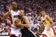 MIAMI, FL - JUNE 20: Manu Ginobili #20 of the San Antonio Spurs drives on Chris Bosh #1 of the Miami Heat in the fourth quarter during Game Seven of the 2013 NBA Finals at AmericanAirlines Arena on June 20, 2013 in Miami, Florida. NOTE TO USER: User expressly acknowledges and agrees that, by downloading and or using this photograph, User is consenting to the terms and conditions of the Getty Images License Agreement. (Photo by Mike Ehrmann/Getty Images)