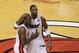 Jun 19, 2012; Miami, FL, USA; Miami Heat shooting guard Dwyane Wade (3) and power forward Chris Bosh (1) react during the fourth quarter against the Oklahoma City Thunder in game four in the 2012 NBA Finals at the American Airlines Arena. Mandatory Credit: Derick E. Hingle-USA TODAY Sports