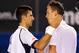 MELBOURNE, AUSTRALIA - JANUARY 22: Novak Djokovic of Serbia is congratulated by Tomas Berdych of Czech Republic in the Quarterfinal match during day nine of the 2013 Australian Open at Melbourne Park on January 22, 2013 in Melbourne, Australia. (Photo by Julian Finney/Getty Images)