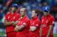 BIRMINGHAM, ENGLAND - JUNE 23: Alastair Cook, Jonathan Trott, Eoin Morgan, and Chris Woakes look on after England lost to India during the ICC Champions Trophy Final match between England and India at Edgbaston on June 23, 2013 in Birmingham, England. (Photo by Paul Gilham/Getty Images)
