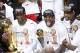 Jun 20, 2013; Miami, FL, USA; Miami Heat shooting guard Dwyane Wade (left), LeBron James (center) and Chris Bosh (right) celebrate after game seven in the 2013 NBA Finals at American Airlines Arena. Miami defeated the San Antonio Spurs 95-88 to win the NBA Championship. Mandatory Credit: Derick E. Hingle-USA TODAY Sports