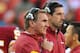 Nov 6, 2011; Landover, MD, USA; Washington Redskins head coach Mike Shanahan (front) and offensive coordinator Kyle Shanahan (back) look on during the fourth quarter against the San Francisco 49ers at FedEx Field. San Francisco won 19-11. Mandatory Credit: James Lang-USA TODAY Sports