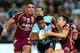 SYDNEY, AUSTRALIA - JUNE 05: Michael Jennings of the Blues is tackled during game one of the ARL State of Origin series between the New South Wales Blues and the Queensland Maroons at ANZ Stadium on June 5, 2013 in Sydney, Australia. (Photo by Mark Kolbe/Getty Images)