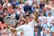 LONDON, ENGLAND - JUNE 25: Novak Djokovic of Serbia celebrates match point during his Gentlemen's Singles first round match against Florian Mayer of Germany on day two of the Wimbledon Lawn Tennis Championships at the All England Lawn Tennis and Croquet Club on June 25, 2013 in London, England. (Photo by Julian Finney/Getty Images)