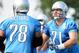 July 28, 2012; Allen Park, MI, USA; Detroit Lions tackles Riley Reiff (71) and Corey Hilliard (78) complete drills during training camp at the Detroit Lions training facility. Mandatory Credit: Tim Fuller-USA TODAY Sports