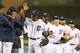 DETROIT, MI - APRIL 30: Austin Jackson #14 of the Detroit Tigers celebrates with his teammates after beating the Minnesota Twins at Comerica Park on April 30, 2013 in Detroit, Michigan. The Tigers defeated the Twins 6-1. (Photo by Leon Halip/Getty Images)
