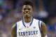 Jan 26, 2013; Lexington, KY, USA; Kentucky Wildcats forward Nerlens Noel (3) reacts during the game against the LSU Tigers in the second half at Rupp Arena. Kentucky defeated LSU 75-70. Mandatory Credit: Mark Zerof-USA TODAY Sports
