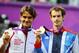 Aug 5, 2012; London, United Kingdom; Roger Federer (SUI), left, and Andy Murray (GBR), middle, and Juan Martin Del Potro (ARG) pose with their medals during the London 2012 Olympic Games at Wimbledon. Mandatory Credit: Christopher Hanewinckel-USA TODAY Sports