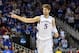 Mar 24, 2013; Kansas City, MO, USA; Kansas Jayhawks center Jeff Withey (5) reacts after a score against the North Carolina Tar Heels in the second half during the third round of the NCAA basketball tournament at the Sprint Center. Mandatory Credit: Peter G. Aiken-USA TODAY Sports