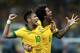 BELO HORIZONTE, BRAZIL - JUNE 26: Neymar and Marcelo of Brazil (R) celebrate their team's second goal during the FIFA Confederations Cup Brazil 2013 Semi Final match between Brazil and Uruguay at Governador Magalhaes Pinto Estadio Mineirao on June 26, 2013 in Belo Horizonte, Brazil. (Photo by Scott Heavey/Getty Images)