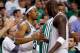 BOSTON, MA - MAY 3: Paul Pierce #34 of the Boston Celtics and Kevin Garnett #5 exchange words in the final moment in the 4th quarter in Game Six of the Eastern Conference Quarterfinals of the 2013 NBA Playoffs on May 3, 2013 at TD Garden in Boston, Massachusetts. The Celtics lost 88-80. NOTE TO USER: User expressly acknowledges and agrees that, by downloading and or using this photograph, User is consenting to the terms and conditions of the Getty Images License Agreement. (Photo by Jim Rogash/Getty Images)