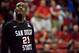 LAS VEGAS, NV - MARCH 15: Jamaal Franklin #21 of the San Diego State Aztecs looks to the scoreboard during the first half of a semifinal game of the Reese's Mountain West Conference Basketball tournament against the New Mexico Lobos at the Thomas & Mack Center on March 15, 2013 in Las Vegas, Nevada. New Mexico won 60-50. (Photo by Jeff Bottari/Getty Images)