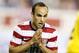 June 8, 2012; Tampa FL, USA; USA forward Landon Donovan (10) reacts after nearly scoring a goal against Antigua & Barbuda during the second half at Raymond James Stadium. USA defeated Antigua & Barbuda 3-1. Mandatory Credit: Matt Stamey-USA TODAY Sports