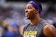 Nov 24, 2012; Dallas, TX, USA; Los Angeles Lakers center Dwight Howard (12) warms up before the game against the Dallas Mavericks at the American Airlines Center. The Lakers defeated the Mavericks 115-89. Mandatory Credit: Jerome Miron-USA TODAY Sports